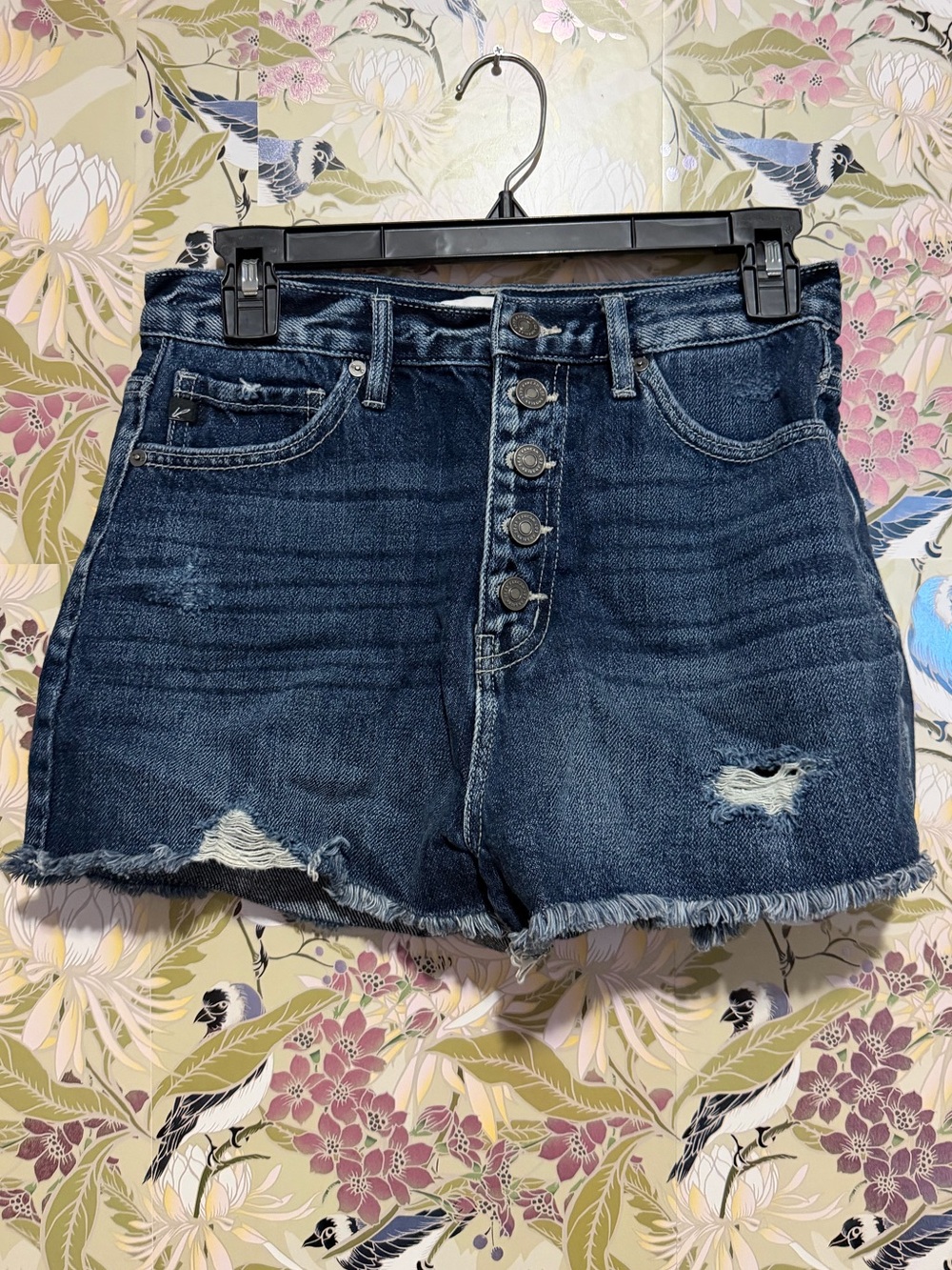 KanCan Dark Blue High-Rise Button-Fly Distressed Denim Shorts